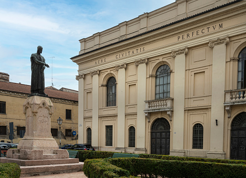 Mantua, Italy. July 13, 2021.   view of the Bibiena Scientific Theater facade in the city center