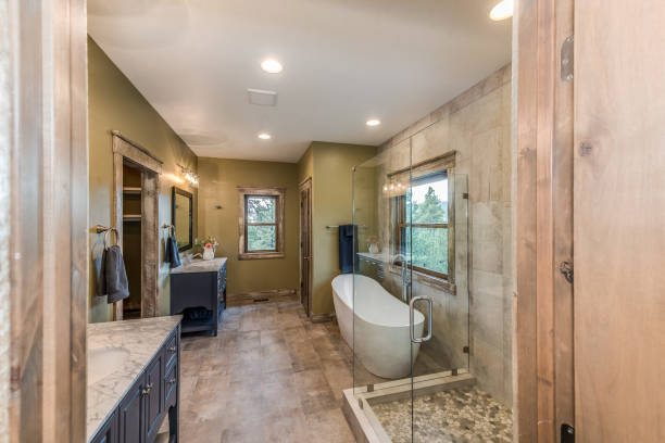 istock Gorgeous bathroom flooring and double separate vanity's 1328792119