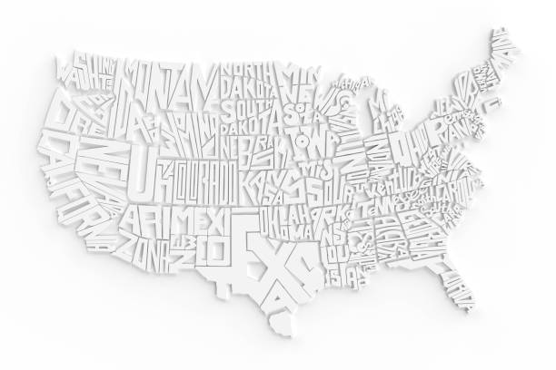 United States Of America map lettering on white background. 3d render of USA territory. Country poster for travel materials, banner, print and web. Geographic area visualization. State name design.