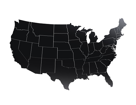 United States Of America map metal texture in black color. Realistic 3d render of USA territory. Country poster for travel materials, print, banner and web. Isolated on white bacground