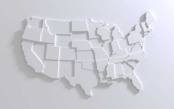 USA Empty 3d Geographic Map Abstract Levels Render United States Of America map on white background. Tiered 3d render of empty USA territory. Country poster for travel materials, print, banner and web. Geographic area levels visualization. cartography stock pictures, royalty-free photos & images
