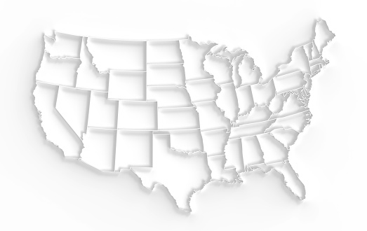 United States Of America map on white background. 3d render of empty USA territory with borders. Country poster for travel materials, print, banner and web. Geographic area border line visualization.