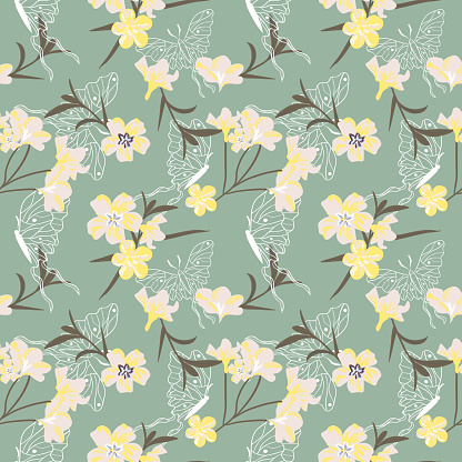 Seamless tropical pattern of white oleander and butterflies in trendy colors.