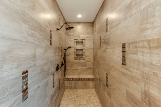 istock Enclosed shower with built in bench 1328796109