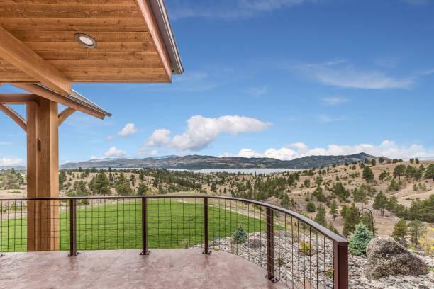 istock Back porch with modern metal railing 1328796111