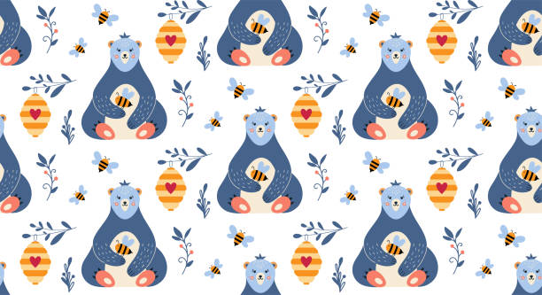 ilustraciones, imágenes clip art, dibujos animados e iconos de stock de patrón sin costuras con miel de oso y abeja - winnie the pooh