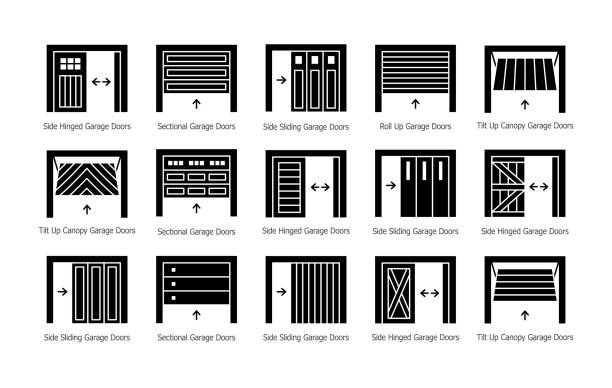 Garage doors half opened. Flat silhouette icon vector set. Different types of warehouse or workshop gates. Exterior design elements. Isolated objects on white background Garage doors half opened. Flat silhouette icon vector set. Different types of warehouse or workshop gates. Exterior design signs. Isolated objects on white background roll a door stock illustrations