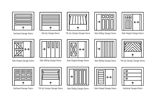 Garage doors half opened. Line icon vector set. Different types of warehouse or workshop gates. Exterior design signs. Isolated objects on white background