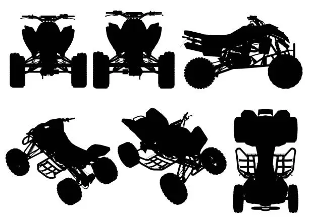 Vector illustration of Set with silhouettes of a quad bike in different positions isolated on a white background. Vector illustration