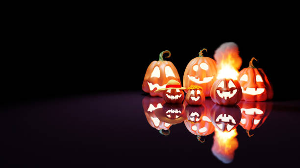istock Halloween Funny Lantern Jack Pumpkins on Gradient Purple Background. Rendering from 3D. 1328798694