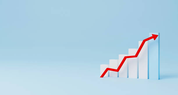 istock Arrow graph sign growth step staircase moving up on light blue background. Business development to success and growing annual revenue growth concept. 3d illustration 1328798729