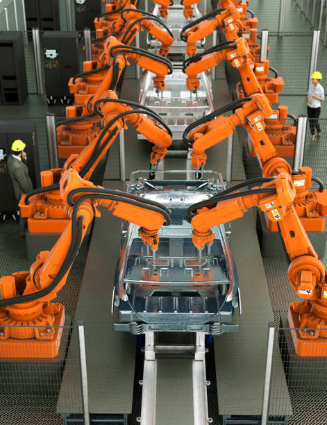 Car production line concept 3d render Modern car production line with robotic arms welding components 3d render automatic welding torch stock pictures, royalty-free photos & images