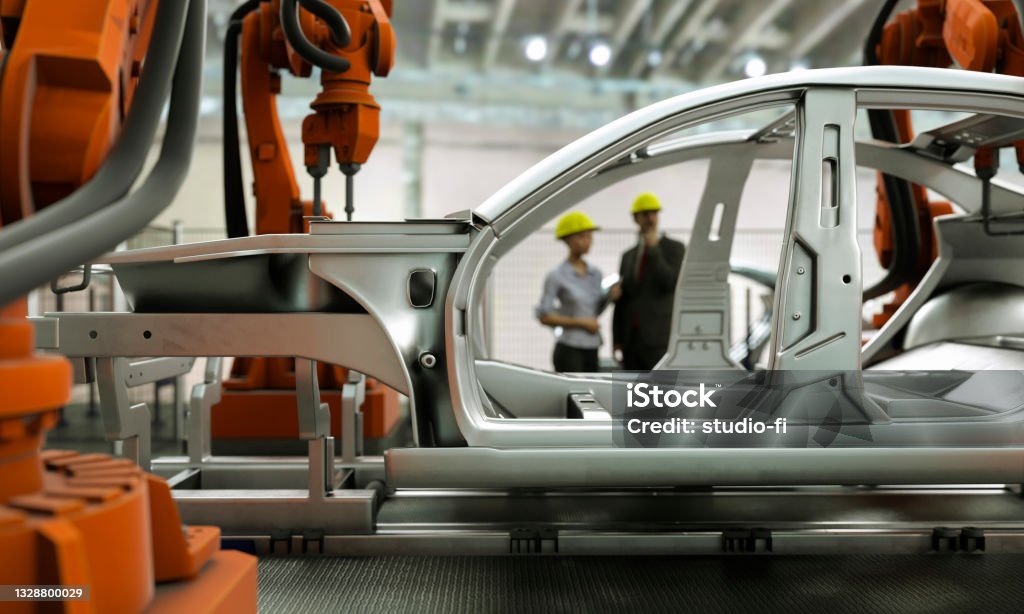 Car production line concept 3d render Modern car production line with robotic arms welding components 3d render Car Stock Photo