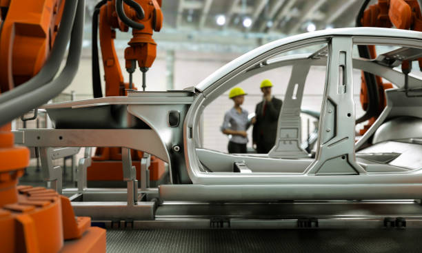 car production line concept 3d render - manufacturing imagens e fotografias de stock