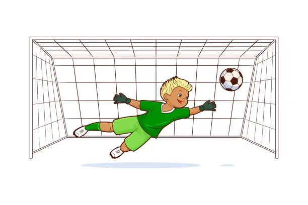 Vector illustration of The soccer goalkeeper catches the ball flying into the football gates. Vector illustration in cartoon style for children on the theme of sports