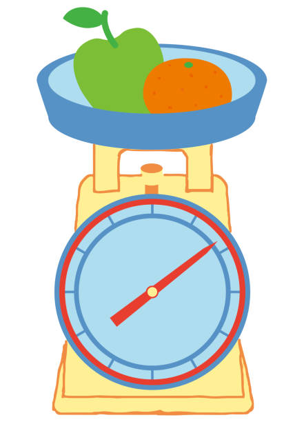 One kitchen scale with one green apple and one orange on it One ivory-colored kitchen scale with one green apple and one orange on it. vintage kitchen scale with fruit stock illustrations