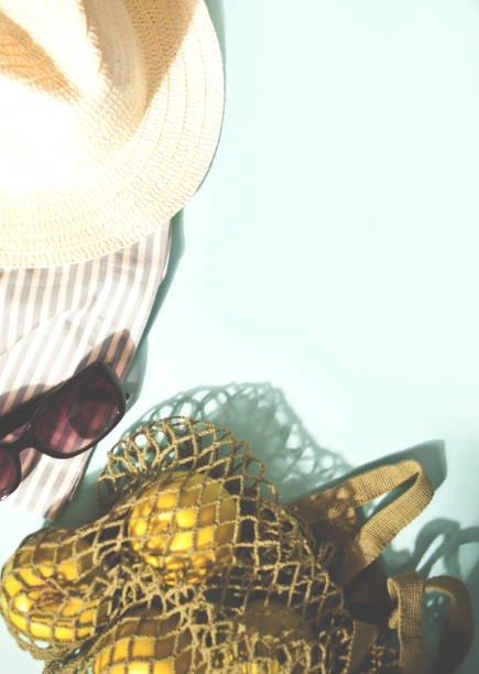 istock Summer picnic concept. Hat, sunglasses, green apples in a net bag on blue background, Copy space. Top view. 1328801005
