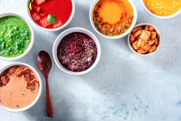istock Vegan soup variety, an overhead flat lay shot with a place for text 1328801193