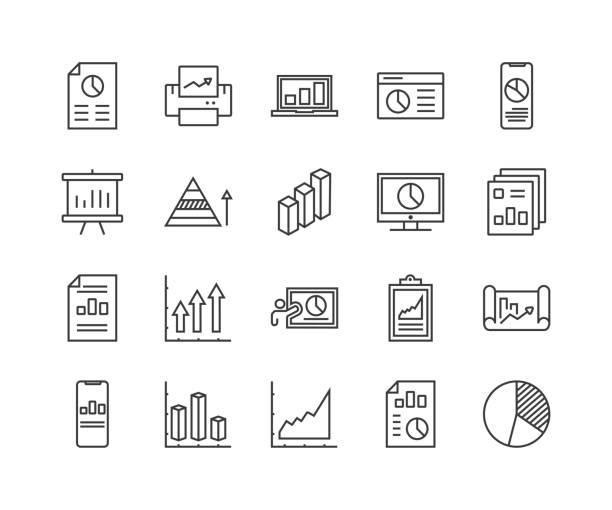 illustrations, cliparts, dessins animés et icônes de ensemble simple d’icônes de lignes vectorielles liées au graphique. contient des icônes telles que rapport, présentation du graphique abstrait, graphique augmenter - diminuer, etc. - laptop business arrow sign flowing