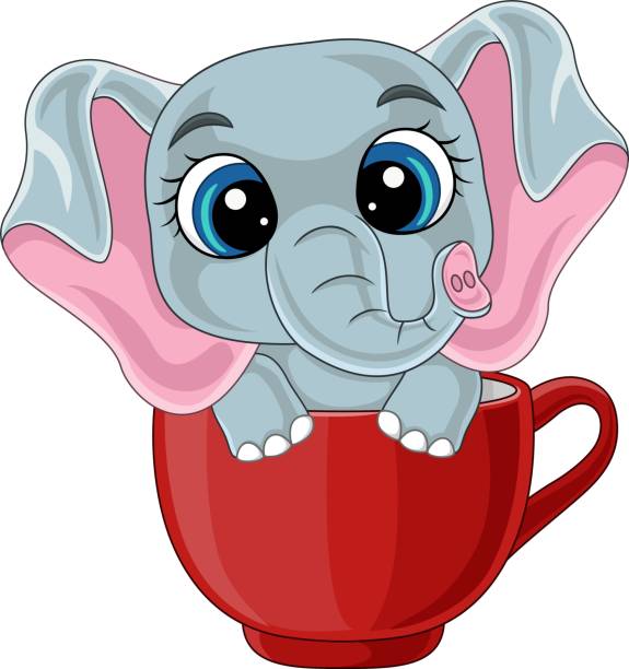 illustrations, cliparts, dessins animés et icônes de dessin animé mignon bébé éléphant assis dans une tasse rouge - 11327