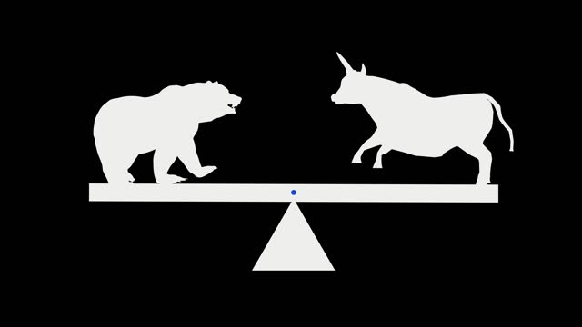 White silhouettes of stock exchange bull and bear swinging on a swing on a black background, loop
