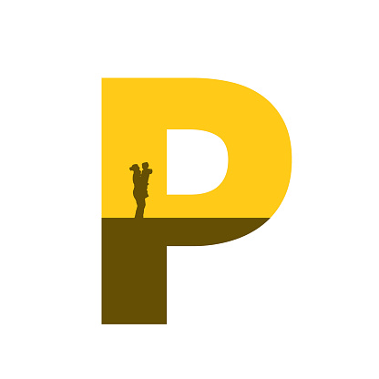 Letter P of the alphabet made with a silhouette of mother with child on arm, in color ocher and brown, isolated on white background