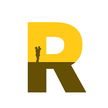 Letter R of the alphabet made with a silhouette of mother with child on arm, in color ocher and brown, isolated on white background