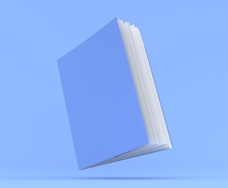 Notebook mockup blank cover. Book 3d render illustration. Blue notepad with realistic ajar pages. Diary face side view. Sketchpad empty template. Clear paper note. Magazine model perspective view.