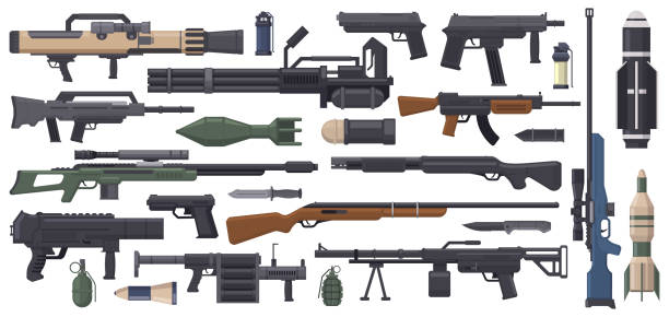 Military weapon. Army weapons, rocket, grenade launcher, machine gun and bazooka isolated vector illustration set. Automatic weapon collection Military weapon. Army weapons, rocket, grenade launcher, machine gun and bazooka isolated vector illustration set. Automatic weapon collection. Firearm, warriors isolated ammunition rifle stock illustrations