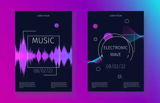 Vector illustration of Sound waves banner set. Music soundtrack electronic vibration. Futuristic dynamic party invitation cards