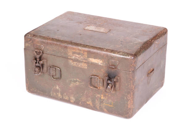istock Old rusted green army case, isolated on white 1328806693