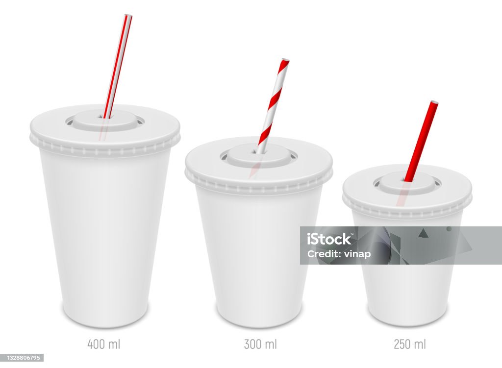 Set Of Vector Realistic Blank Disposable Cups With Lids And Straws  Different Sizes Of Paper Glasses For Cool Takeaway Drinks Stock  Illustration - Download Image Now - iStock