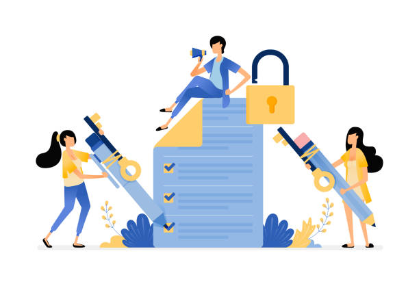 Survey and exam security to protect user from data leakage and misuse. Vector illustration concept can be use for landing page, template, ui ux, web, mobile app, poster, banner, website, flyer, ads Survey and exam security to protect user from data leakage and misuse. Vector illustration concept can be use for landing page, template, ui ux, web, mobile app, poster, banner, website, flyer, ads misuse of data stock illustrations