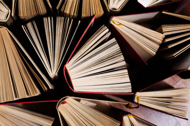 istock Book background from multi-colored open books from the home library 1328809161