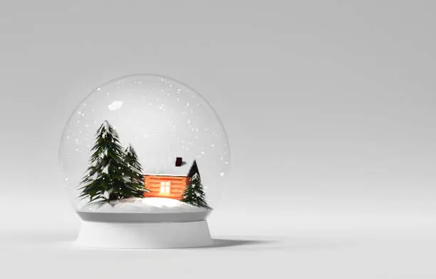 Christmas glass sphere on the support with wooden house and snowy trees. Snow globe 3d render. New year magic ball illustration on white gradient background. Toy country scene image. Fairy mood.