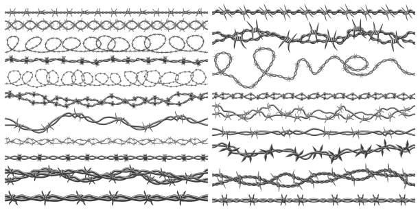 Razor wire silhouettes. Barbed wire metallic border elements, sharply barb wire fencing vector symbols set. Prison barbed wire Razor wire silhouettes. Barbed wire metallic border elements, sharply barb wire fencing vector symbols set. Prison barbed wire. Twisted steel protective barrier with spikes collection barbed wire stock illustrations