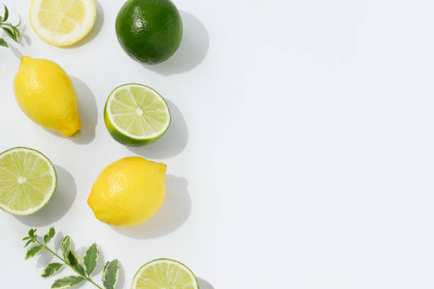White background with lemon and lime lined up stock photo