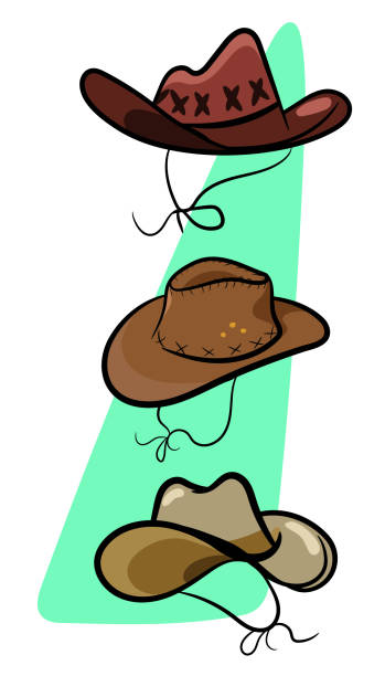 ilustrações de stock, clip art, desenhos animados e ícones de a set of 3 popular stylish cowboy hats worn by cowboys in the wild west texas. country style fashion hats. wild west texas country graphic elements. - cowboy hat wild west hat wood