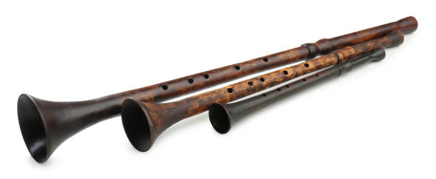 istock Vintage bryolkas on white background. Woodwind musical instruments 1328811462