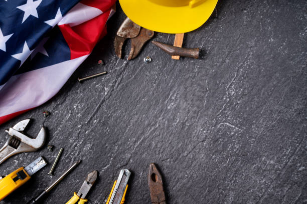 istock Top view design concept of American Labor Day with working tools. 1328816124