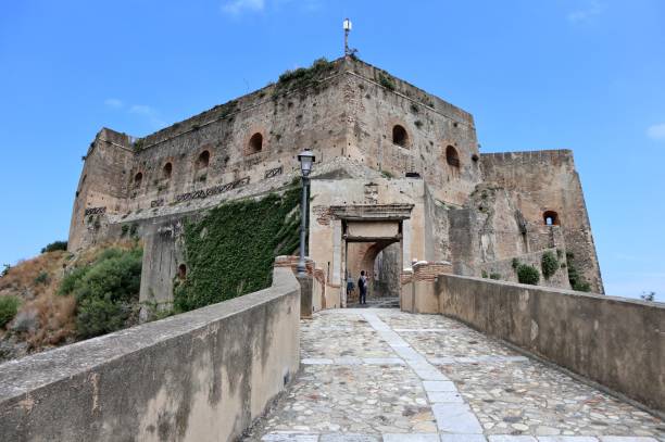 Scilla - Entrance of Castello Ruffo Scilla, Calabria, Italy - June 13, 2021: Fortification dating back to the 5th century BC, transformed into a baronial residence by the Ruffo family in 1533, acquired to state property in 1808 and renovated in the 20th century castle scilla stock pictures, royalty-free photos & images