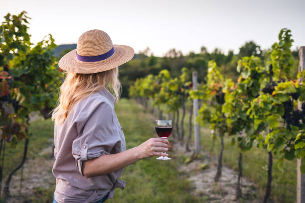 istock Woman drinking red wine in vineyard 1328817573
