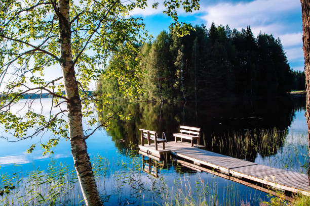 Wooden pier with bench for rest on a blue lake in Finland stock photo