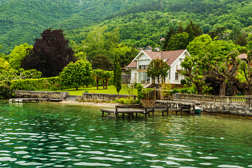 Haute-Savoie, France - May 23, 2018: Beautiful house on Lake Annecy - Haute-Savoie, France
