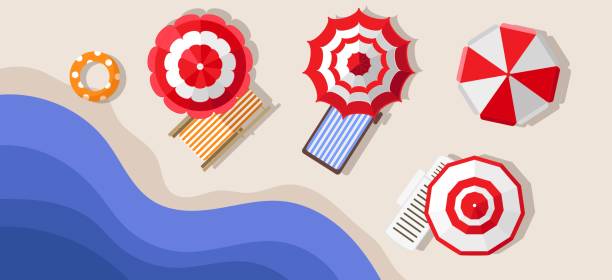 ilustrações de stock, clip art, desenhos animados e ícones de sun loungers and umbrellas on the beach. flat style illustration. - parasol vector umbrella beach