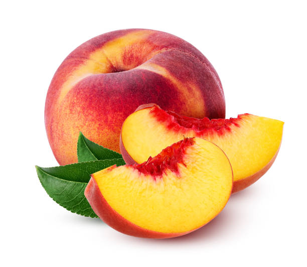 istock Peach with leaves isolated on white background without shadow 1328822833