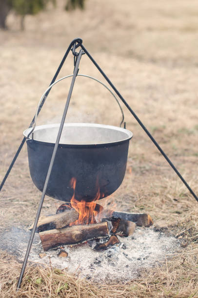 istock Picnic place with a campfire, tripod and a boiler 1328824760