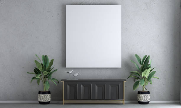 istock Modern living room interior and empty canvas frame on concrete wall texture background 1328824775