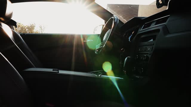 . Black Ford Mustang model interior. Classical panel, steering wheel