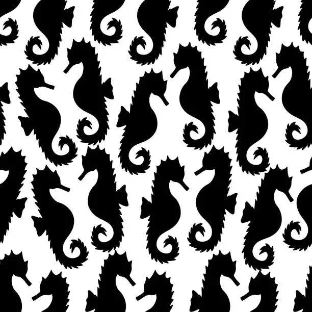 Vector illustration of Sea Horse. Silhouette. Repeating vector pattern. Isolated colorless background. Seamless marine ornament. Fish of the order of needle-like. Master of disguise. Ocean dweller. The horse is black.